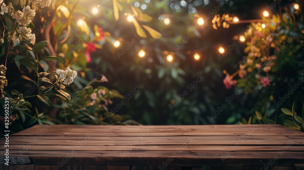 Empty wooden tabletop set in a lush home backyard garden, perfect for outdoor parties. The scene is inviting with greenery and festive elements, offering space for your text or product display Empty wooden tabletop set in a lush home backyard garden, perfect for outdoor parties. The scene is inviting with greenery and festive elements, offering space for your text or product display