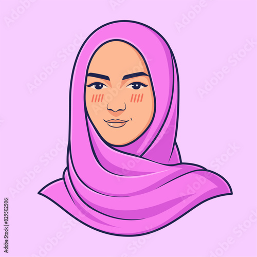 illustration of a beautiful young Muslim woman wearing a pink hijab and rosy cheeks
