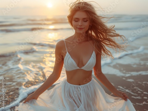 woman in a light white dress, twirling on the beach. realistic photo