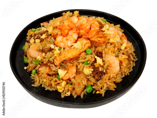 Chinese special egg fried rice meal with prawns and Char Sui pork meat