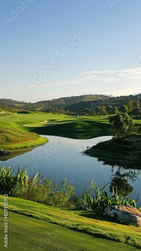A scenic golf course with manicured fairways  pristine lakes  and rolling hills.