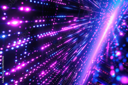 A pulsing grid of neon purple and blue lights creates a dynamic, futuristic background