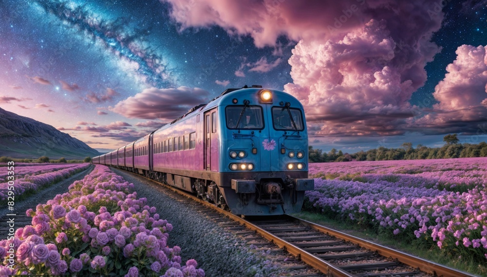 Fototapeta premium A blue train travels on tracks through a field of purple flowers 