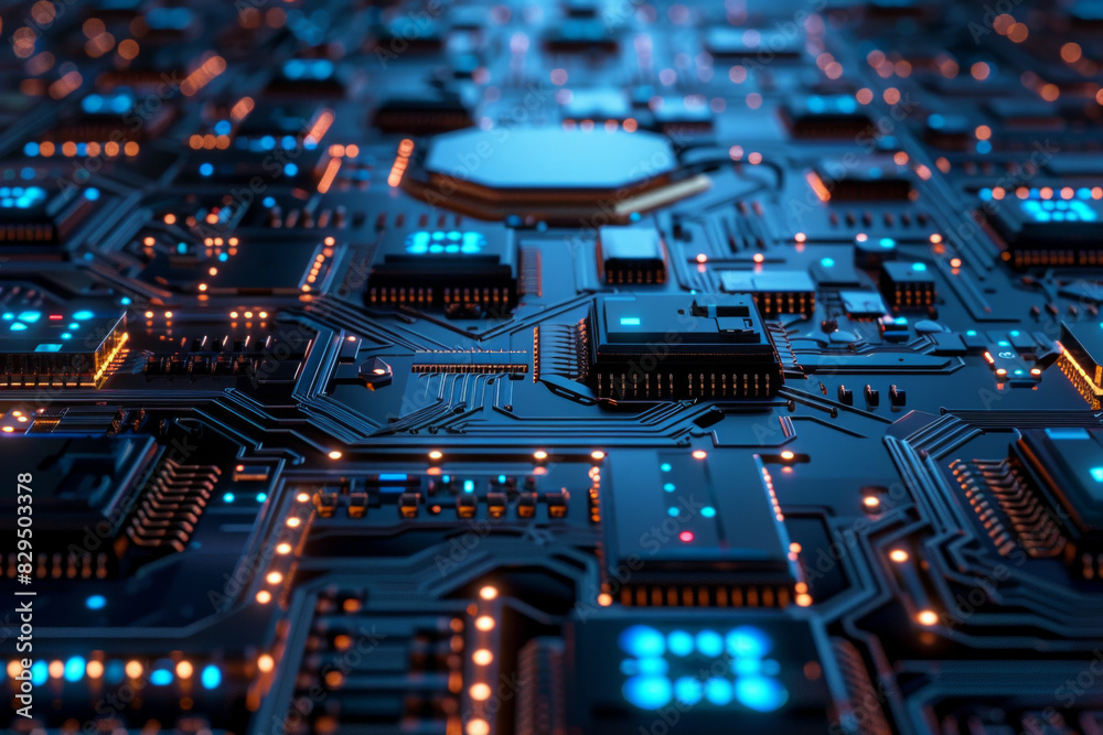 A detailed view of a circuit board with clean lines and glowing blue accents. A detailed view of a circuit board with clean lines and glowing blue accents.