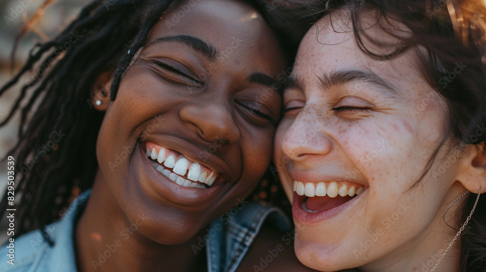 A close-up of two friends laughing together, their faces full of joy and connection. A close-up of two friends laughing together, their faces full of joy and connection.