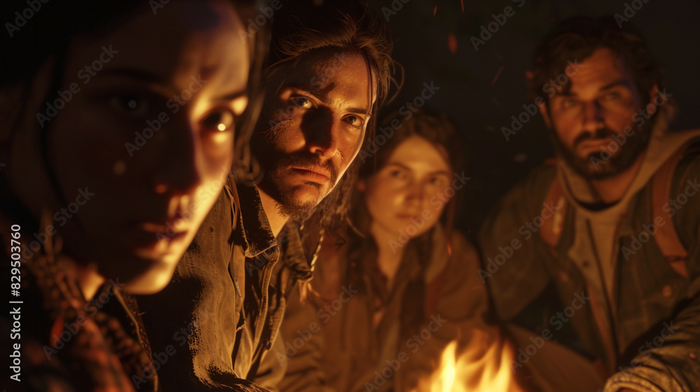 A close-up of friends' faces lit by the glow of a campfire, their expressions relaxed and happy. A close-up of friends' faces lit by the glow of a campfire, their expressions relaxed and happy.