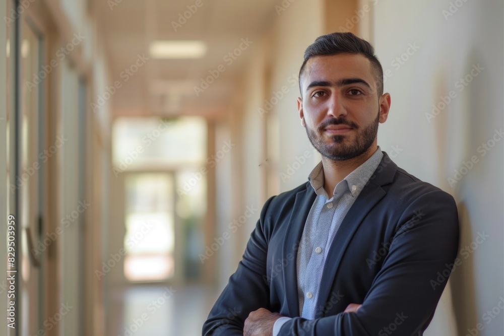 Fototapeta premium Confident Middle Eastern Man in Office Hallway: Portrait in Corporate Casual Attire