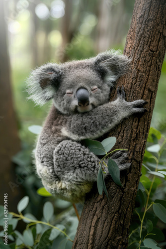 A baby koala clinging to a eucalyptus tree, looking sleepy