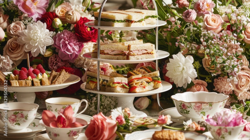 A refined afternoon tea service with tiered trays of sandwiches and pastries, served on fine amidst a backdrop of elegant floral arrangements,