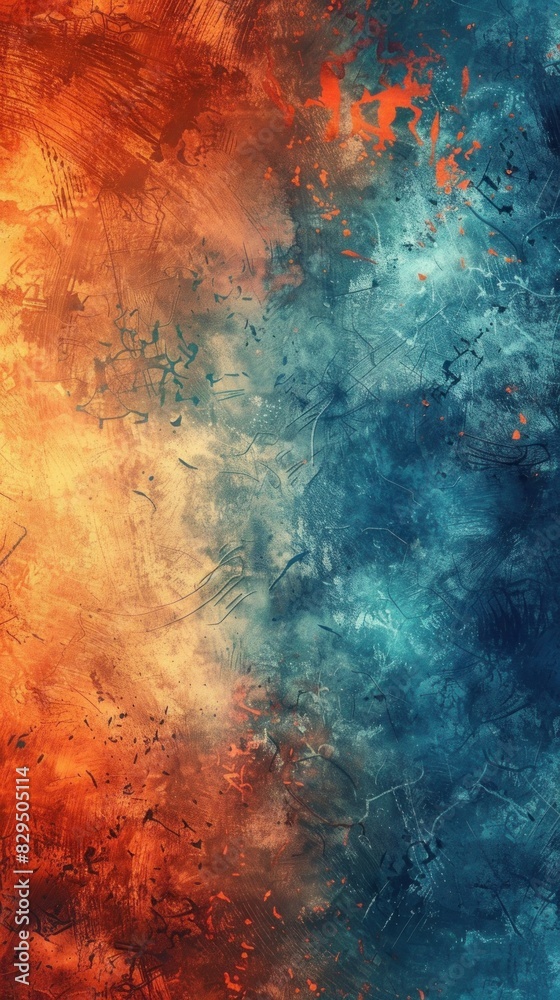 a realm of creativity with a unique abstract grunge texture background combining fiery oranges and cool blues.