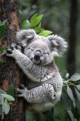 A baby koala clinging to a eucalyptus tree  looking sleepy