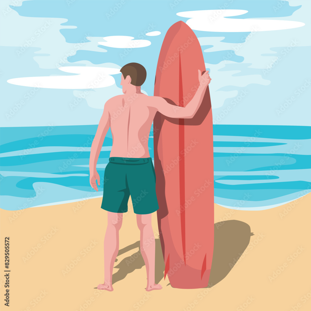 Man Holding Surf Board Summer Vacation Illustration