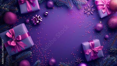 Purple Christmas Background With Presents and Decorations