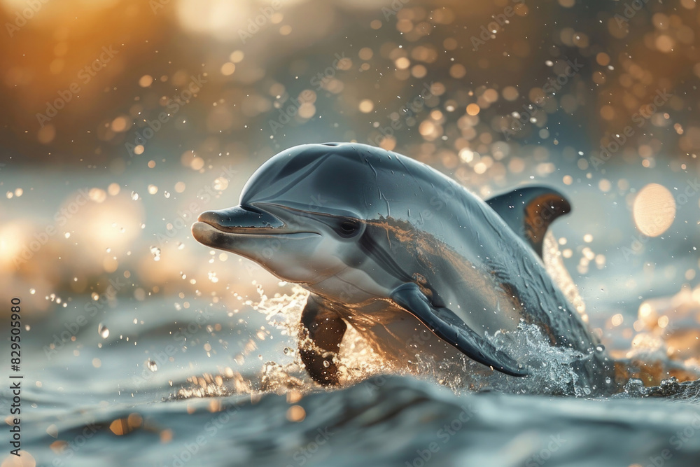 A baby dolphin jumping out of the water with a splash