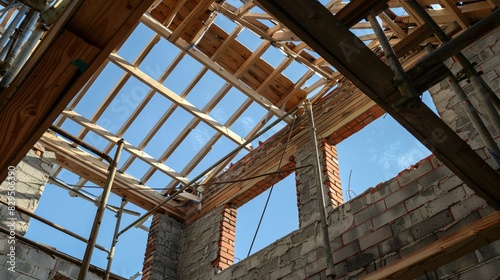 A wooden roof beam in a building being built, walls constructed with autoclaved aircrete blocks, uneven window gaps, a sturdy brick beam, a temporary support structure, clear sky in the backdrop.