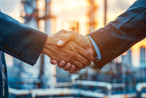 Business handshake with industrial background