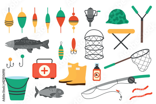 A set of fishing accessories, fishing rods, tackle, fish tank, first aid kit. Fishing icons vector illustration, eps 10.