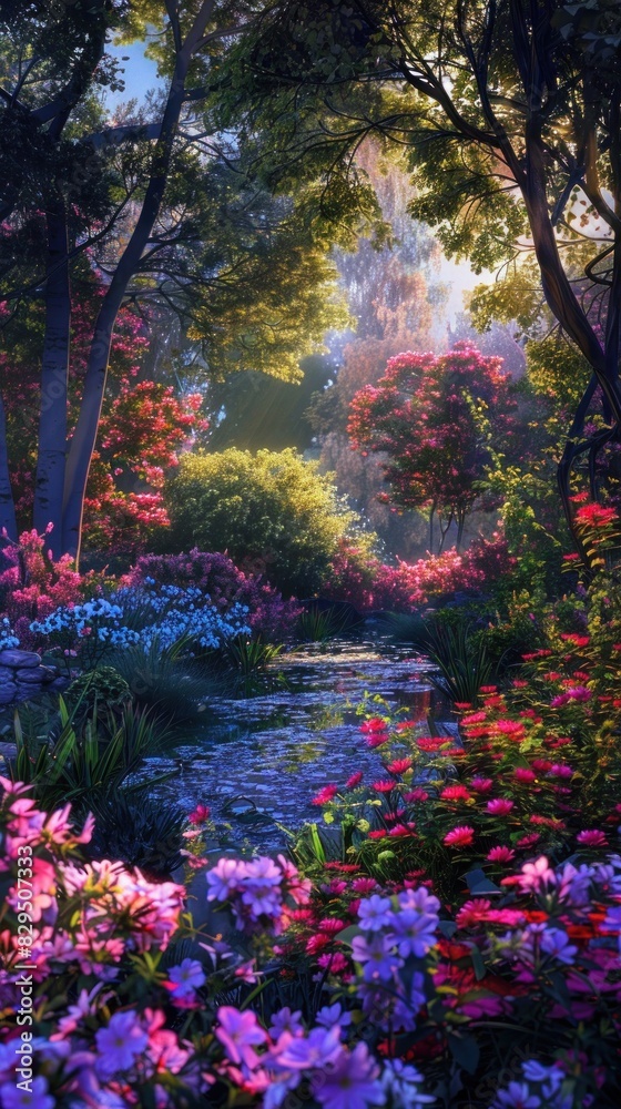 A peaceful garden filled with vibrant blossoms, their colors illuminated by the soft light of dawn.