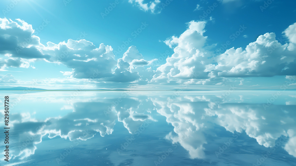 A still lake reflecting a clear blue sky with white clouds A still lake reflecting a clear blue sky with white clouds
