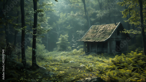 An abandoned hut nestled amidst a tranquil forest