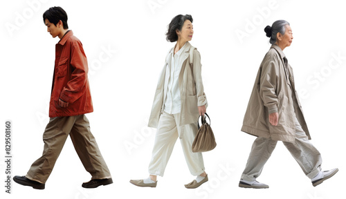 若い日本人の男性と高齢の女性の3人、歩くモーション、人物切り抜き
 photo