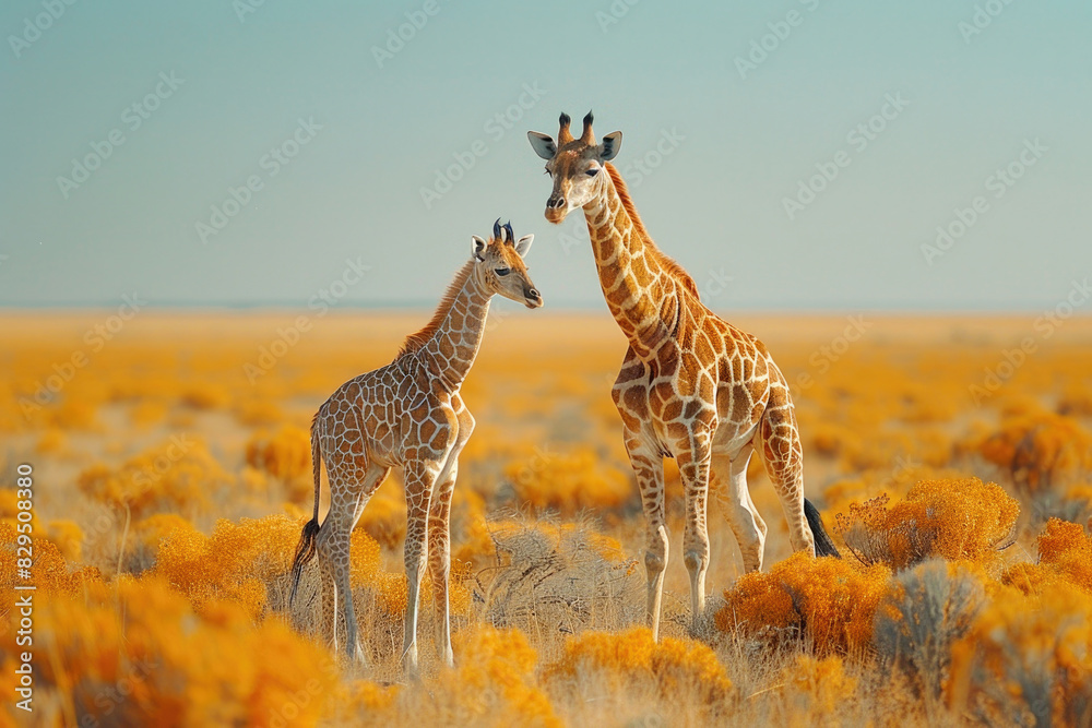 A baby giraffe standing next to its mother on the savanna