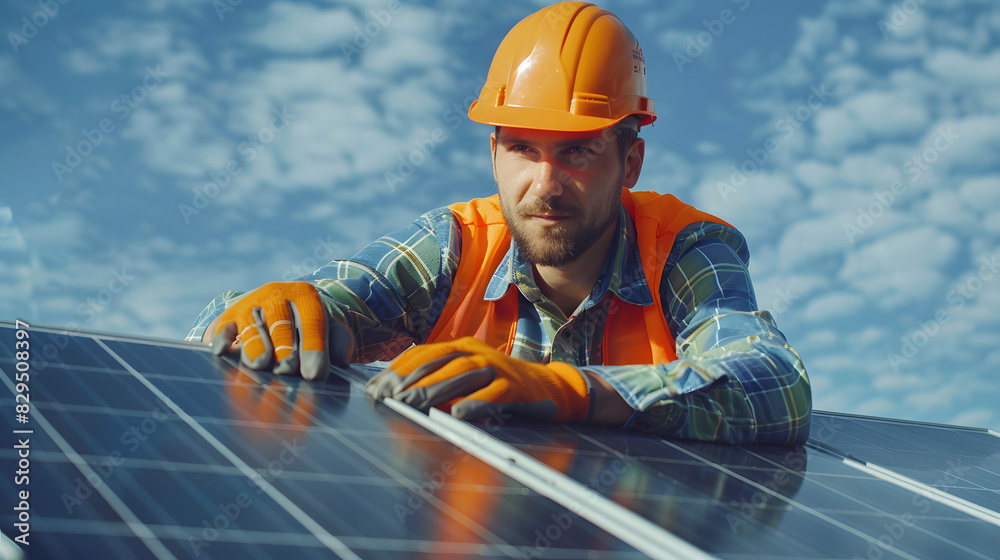 Solar power engineer installing solar panels, on the roof, electrical technician at work, alternative renewable green energy generation concept Solar power engineer installing solar panels, on the roof, electrical technician at work, alternative renewable green energy generation concept