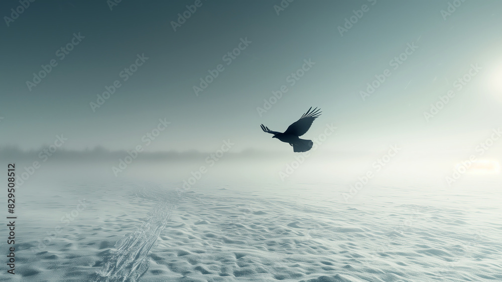 Fototapeta premium Untouched snowy field with a single crow flying across the sky