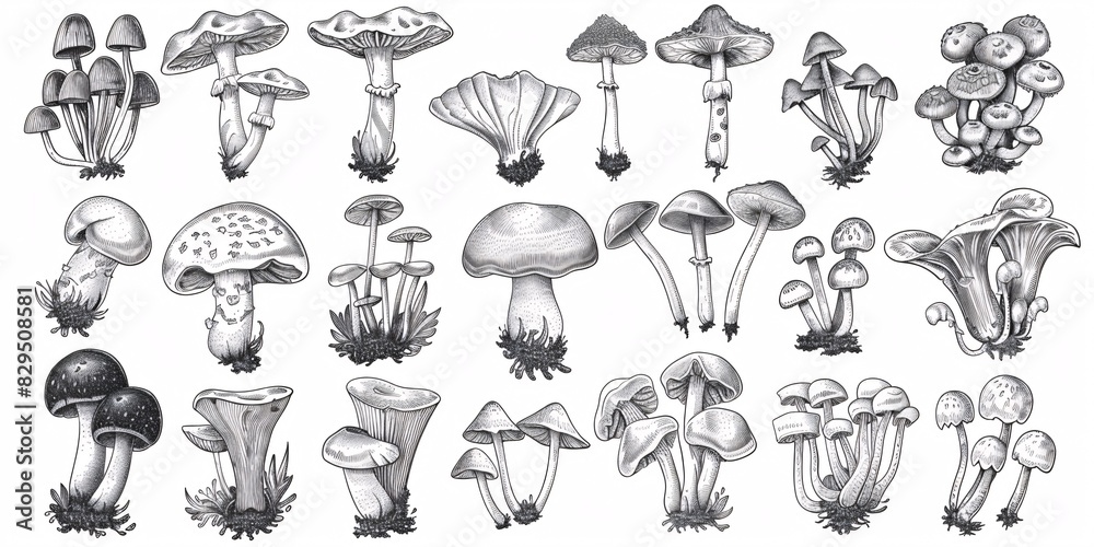 Fototapeta premium A set of hand-drawn images of edible mushrooms, perfect for recipes, menus, labels, and packaging, featuring magical fungus with botanical names.