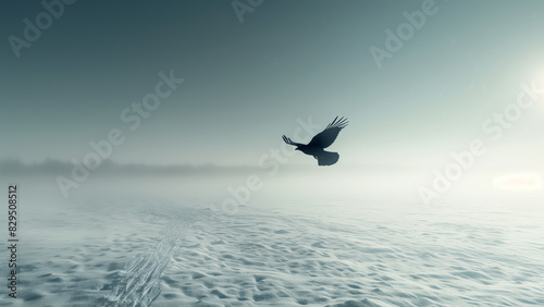 Untouched snowy field with a single crow flying across the sky