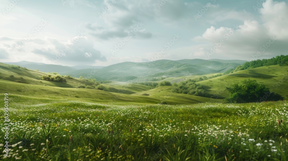 Scenic landscape with blue skies and white clouds, distant rolling hills, and foreground of grassland and trees Scenic landscape with blue skies and white clouds, distant rolling hills, and foreground of grassland and trees