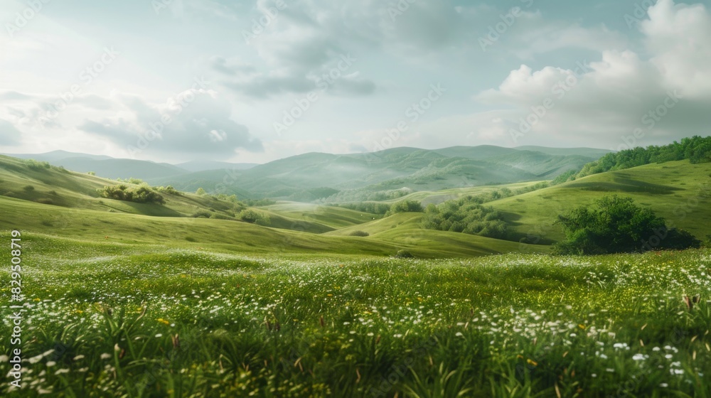 Scenic landscape with blue skies and white clouds, distant rolling hills, and foreground of grassland and trees