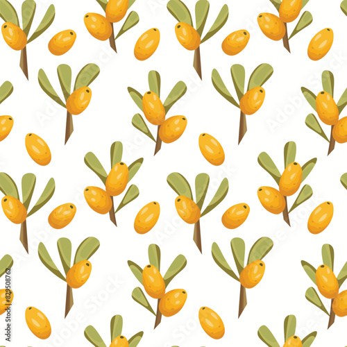 Seamless pattern with sea buckthorn. Natural fresh ripe tasty berries. Vector illustration for background, packaging, textile, fabric and various other designs