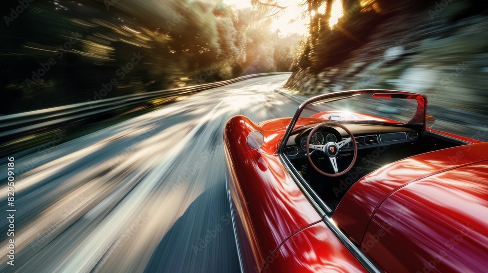 Mountain road adventure vintage red sports car racing down hill with blurred driver image