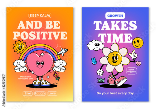 Retro cartoon walking smiled Heart and Flower mascot character surrounded by smiled elements and motivation lettering. Illustration for t-shirt print or poster design. Vector illustration