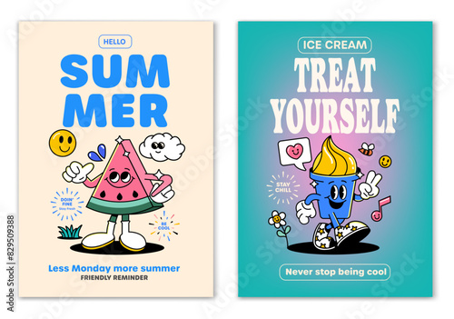 Retro cartoon walking smiled Wattermelon and Ice Cream mascot character surrounded by smiled elements and motivation lettering. Illustration for t-shirt print or poster design. Vector illustration