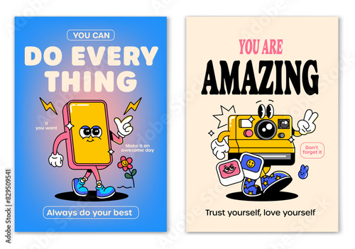 Retro cartoon walking smiled Smartphone and Camera mascot character surrounded by smiled elements and motivation lettering. Illustration for t-shirt print or poster design. Vector illustration