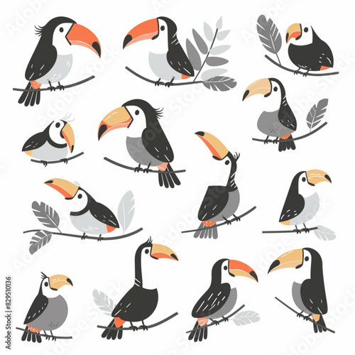 Set of cute toucan birds sitting on branches in different poses in vector illustrations.