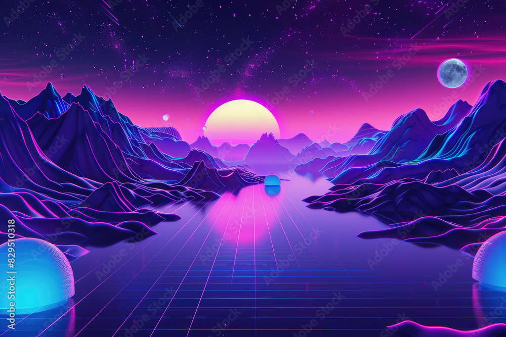 A neon-lit abstract landscape in purple and blue creates a futuristic scenery