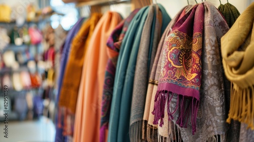 Colorful scarves hanging on a rack in a clothing store, close up fashionable scarves collection for stylish wardrobe