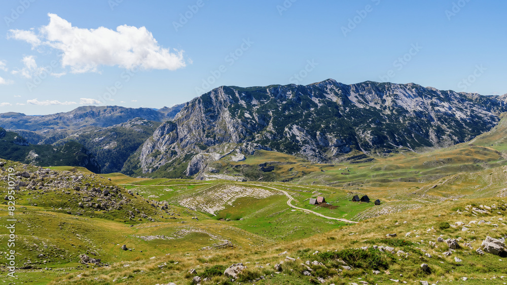 View of the mountain road and houses on the background of the mountain range in summer. View of the mountain road and houses on the background of the mountain range in summer.