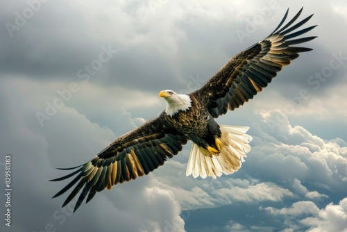 A majestic eagle soaring high above the clouds, embodying the vision and perspective that strong leadership offers.