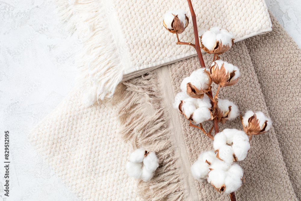 Fototapeta premium Branch of cotton flowers on soft bath terry towel background top view. Eco and organic bathroom accessory for spa, wellbeing and healthy lifestyle.