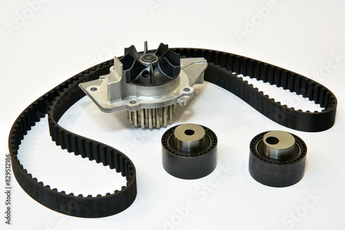 The timing belt, rollers and water pump stands on a white background
