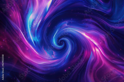 Swirling neon lights in purple and blue create a galaxy-like, futuristic abstract