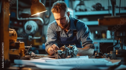 A young man is tinkering with a machine in a garage to fix auto parts AIG41