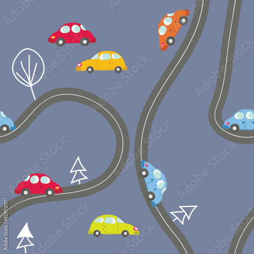 Seamless pattern with cute cars on blue background. Cartoot transport. Vector illustration. Doodle style. Design for baby print, invitation, poster, card, fabric, textile