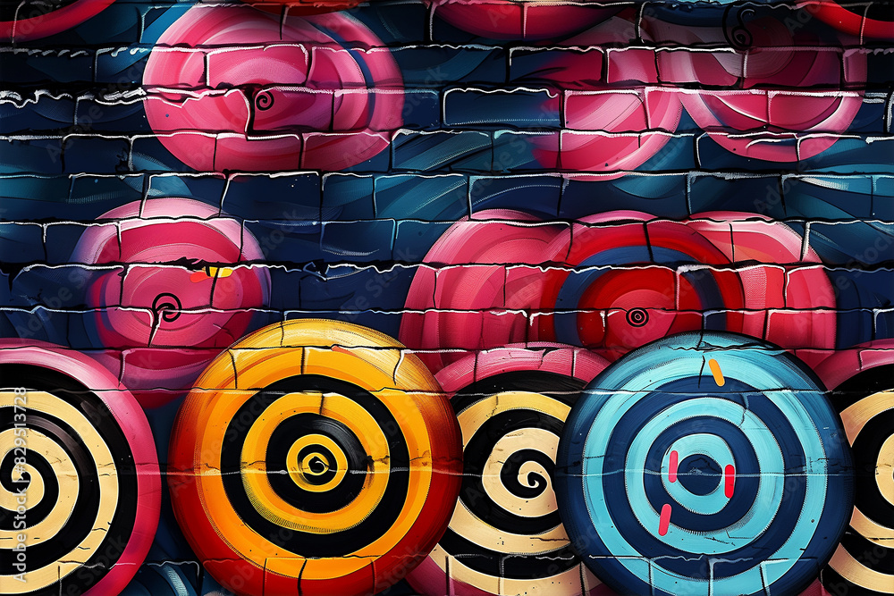 A colorful mural of candy on a brick wall