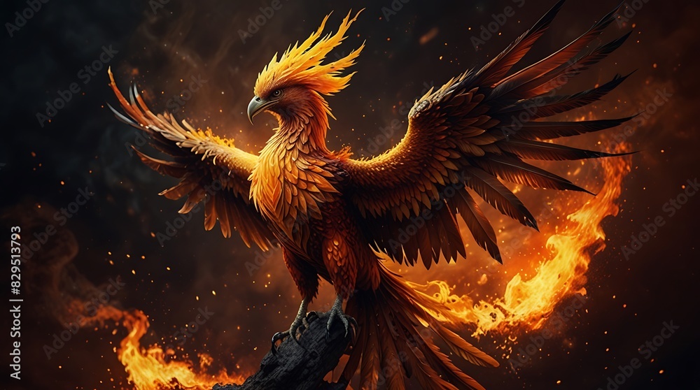 phoenix rising from the ashes with its wings spread wide. phoenix rising from the ashes with its wings spread wide.