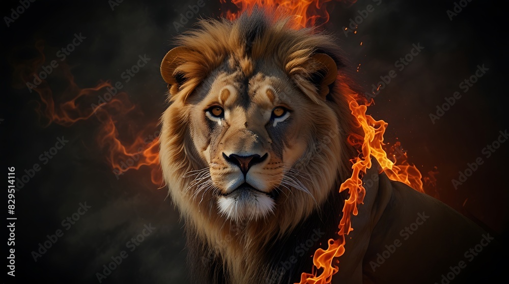  lion with a dark brown mane is standing in front of a wall of fire.